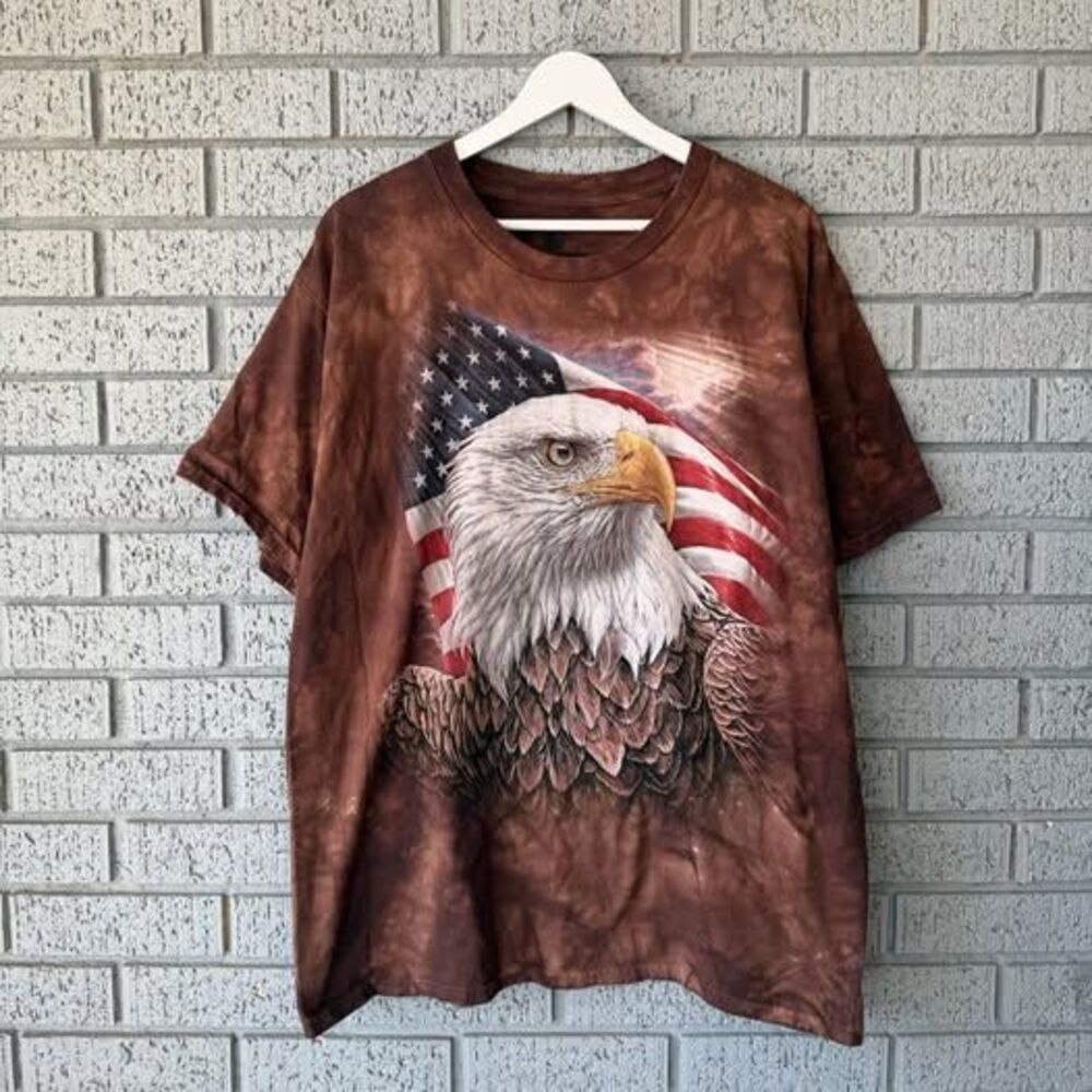 The Mountain American Flag Bald Eagle Brown Tie Dye T-Shirt Size L 4th of July